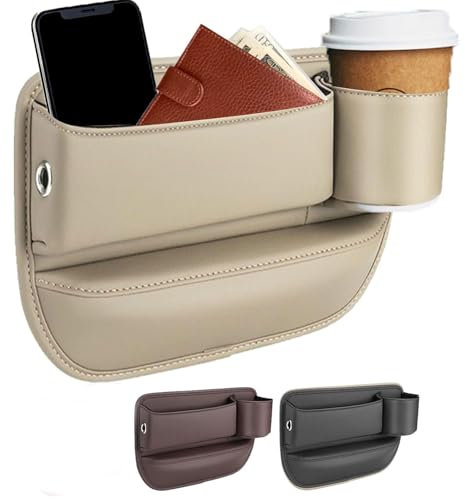 Car Seat Organiser, Seat Gap Storage Box,Leather Car Seat Gap Storage Organiser, Car Seat Gap Storage Box, Car Seat Cup Holders, Car Accessories Interior Gadgets (Beige- Passenger)