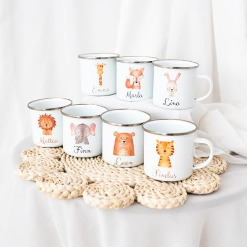 Gufacai Taza esmaltada personalizada, 350 ml, color blanco con borde plateado, regalo para niños y bebés, animales del bosque, nombre personalizado