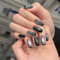 MouyouGlow Press on Nails Long, Ballerina Black Fireworks Silver Cat Eye Magnetic New Year Fake Nails with Nail Glue, New Year Phototherapy Art Artificial Fingernails, Pack of 10 (84-S Size)