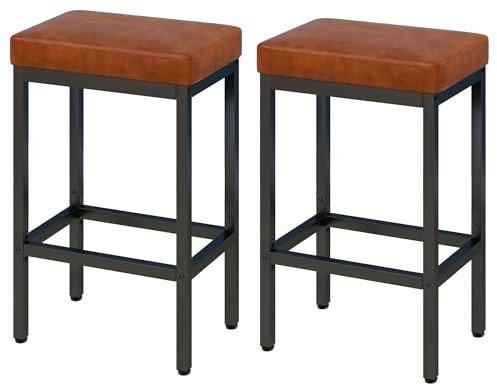 YMYNY Taburetes Altos de Cocina, 66 cm Taburete Cocina, Marrón Caramelo Cuero de PU Taburete Alto, Taburetes de Cocina con Cojín de 6 cm De Grosor y Base de Metal, Taburetes Altos, HBS513J