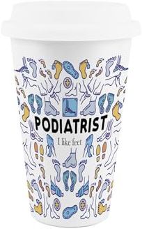 Purely Home Podiatrist Ceramic Travel Mug - Novelty Foot Surgeon Gifts/Presents - Reusable Silicone Lid Double-Walled Insulated Drinks Flask Cup