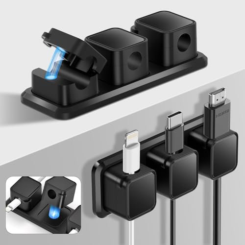 Alaoo Clips Câble Organisateur Bureau, 6 Pcs Organisateurs de Câbles Magnétiques avec 2 Pcs Base Fixe, Range Câbles Silicone Fixe pour Câbles de Chargeur/Souris/Écouteur/Ustensiles de Cuisine, Noir