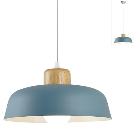 HJXDtech Nordic Modern Einfache Metall Pendelleuchte E27 Holz Lampenfassung 30cm Pendellampe Hängelampe Lebendige Farbe Für Küche Schlafzimmer Lounge (Nebelblau)