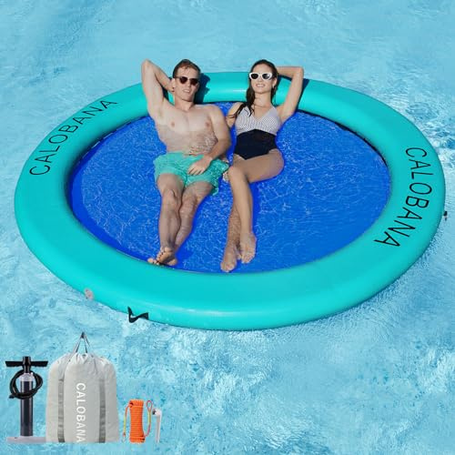 CALOBANA Round Floating Ring Inflatable Water Hammock Heavy Duty River Floats Lake Raft for Adults Tanning Pool Lounger Float Island Platform Pad Mat for Party | Comfort & Durable Float,Pet Friendly,Easy to Inflate & Deflate,Fits 4-6 People,Drop-Stitch PVC,Versatile Water Fun Platform