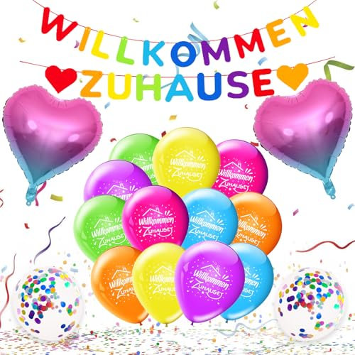 KOBOKO Willkommen Zuhause Deko, Luftballons Bunt Willkommen Zuhause Girlande, Herzlich Willkommen Zurück Konfetti Ballon, Welcome Back Deko Ballons, Welcome Home Baby Deko Folienballon Herz Party Deko
