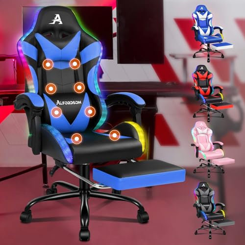 ALFORDSON Silla de Masaje para Videojuegos, Silla de Carreras con LED, Silla de Escritorio ergonómica con reclinación de 150°, reposapiés retráctil, Capacidad de 180 kg, Cuero sintético, Azul