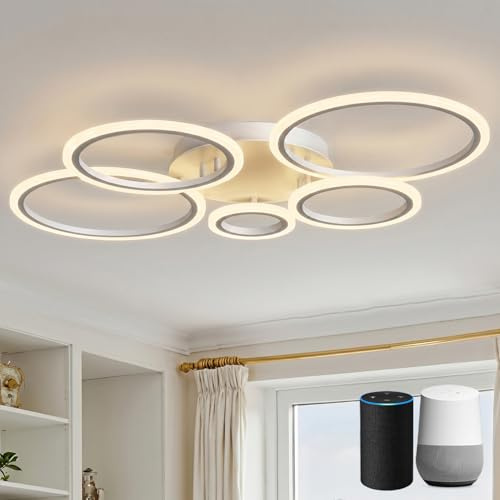 KeLuKes Modern Deckenleuchten 100cm, Deckerlampe 5-Ring-Design, Memory Funktion, Dimmbar Deckenleuchte für Schlafzimmer Wohnzimmer Küche Bücherzimmer, Weiß