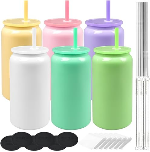 6 Pack Blank Sublimation Tumblers for Kid, 16oz Colorful Stainless Steel Tumbler Cups with Lids and Straws, Double Wall Insulated Can Shaped Tumblers with Coasters for Juice Soda Water Beer Drinks