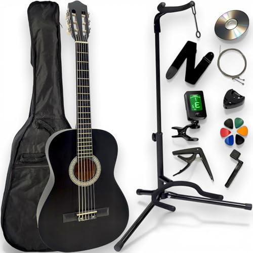 AMROVA - Pack Guitare Classique 4/4 Droitier + Support Pied + Housse Sac à Dos + 11 Accessoires + CD & Cours Vidéo (Noir, 4/4, Droitier)
