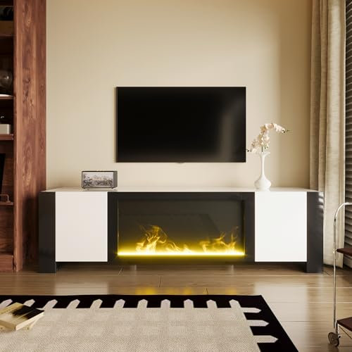 GigaXynium Mueble bajo para TV con chimenea eléctrica, efecto llama, sin función de calefacción, color a juego
