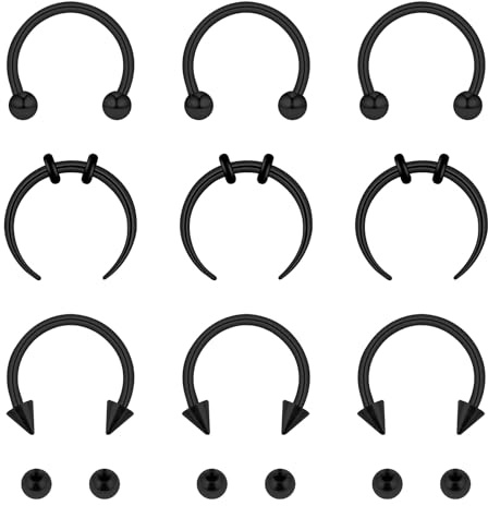 Meyeyaia 9 Stück Schwarz Septum Piercing Ring, 16G Chirurgenstahl Hufeisen Augenbrauen Piercing, 10mm Nasenpiercing Lippenpiercing Ring mit Ersatz Kugeln Damen Herren