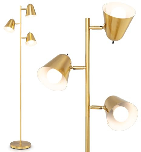COSTWAY 3-Light Floor Lamp, Standing Reading Lamps with 3 A19 Bulbs, Adjustable Lampshades & Weighted Base, Tall Tree Floor Lighting for Office Bedroom Living Room Office (Golden)