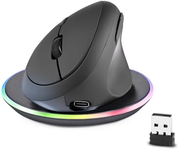 Perixx PERIMICE-719RX Kabellose Duo-Akku Ergonomische Vertikale Maus, 2.4GHz, 6 Tasten, Einstellbare DPI 1000/1600/2400/3200, Schwarz