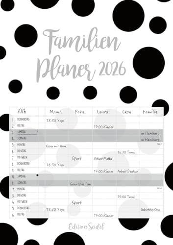 Edition Seidel Premium Familienplaner black & white XL 2026 Familienkalender Familientimer Familien Kalender Wandkalender DIN A3 5 Spalten (Schwarz Weiß)