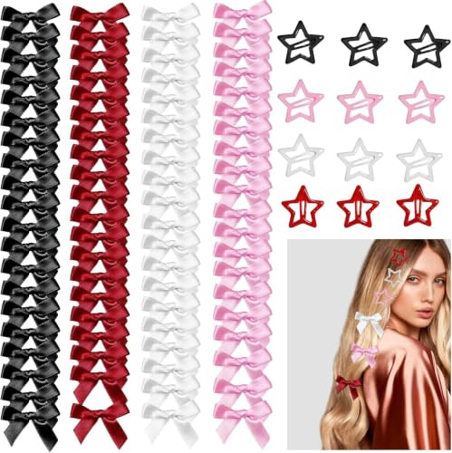 FAURAPMNG Y2K Lot de 92 pinces à cheveux avec nœud et étoile 80 mini nœuds et 12 pinces à cheveux en forme d'étoile 4 couleurs avec nœud en satin