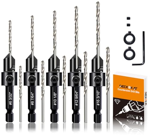 DECKRKAT 12-Piece Countersink Drill Bit Set - 3-in-1 Wood Counterbore Kit for #6#8#10#12#16 Screws | 82° Chamfer, Depth Adjustable | 5 Spare Bits,2 Limit Rings,Hex Key,Case.