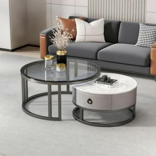 Round Coffee Table Set with Storage, Nest of Tables with Tempered Glass and Rock Slab Top, Stacking End Side Table with Metal Frame for Living Room, Bedroom, Office, Balcony, Apartment, Square White