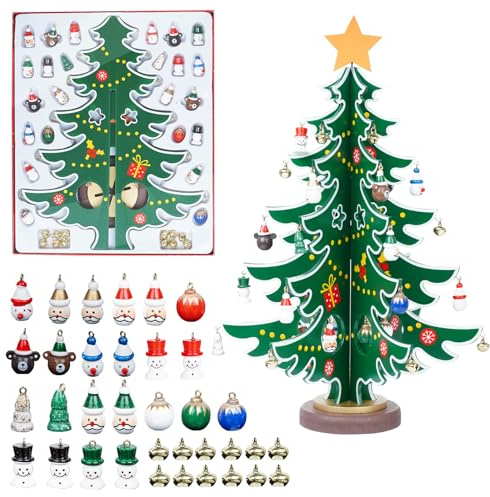 Adventskalender Mini-Weihnachtsbaum aus Holz, Holzweihnachtsbaum mit 36 Ornamenten, Holz DIY Weihnachtsbaum für Erwachsene Kinder Home Decoration