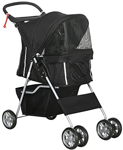 PawHut Hundewagen, klappbar Hundebuggy für kleine Hunde und Miniaturhunde, Katzenbuggy mit Aufbewahrungskorb, Becherhalter, Netzfenstern, Haustierwagen Oxford, Schwarz