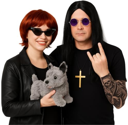 Adults Osbourne Couple Accessory Set - Long Black Wig, Purple Glasses, Gold Cross, Red Wig, Cat Eye Glasses, Toy Dog & Tattoo Sleeves - Adults Music TV/Film Celebrity Fancy Dress Costume Accessory Set