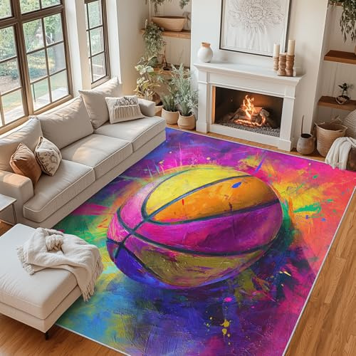 Generisch Teppich Wohnzimmer Basketball, Teppich Graffiti Sport für Schlafzimmer 140 x 200 cm, Weicher Waschbarer Antirutsch Kurzflor Dekoration Carpet P-&7