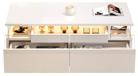 XPSSJMU Table Basse 90 x 45 x 35,5 cm avec Plateau, Table Basse laquée Brillante pour Le Salon, Console avec 2 tiroirs, Table d'appoint Robuste en Verre trempé, Lampe intégrée, Blanche