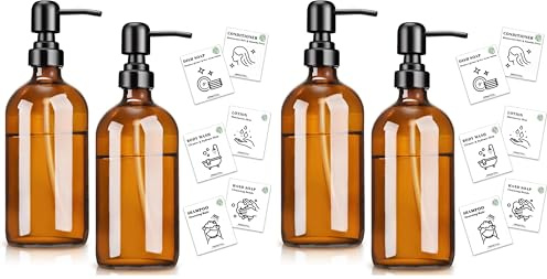 Euqvunn 2 Pack Dispensador Jabon Vidrio Ámbar, 500ml Dispensador Jabon Baño, 6 Etiquetas Impermeables Botella Dispensadora con Bomba (Paquete de 2)