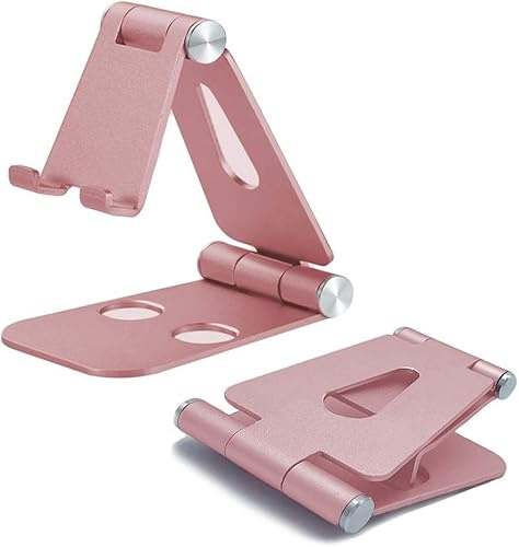 DEERMEI Cell Phone Stand Holder, Multi-Angle Cell Phone Holder, Fully Foldable, Adjustable Desktop Phone Holder Cradle Dock Compatible with All Phones Tablets (7-10) Nintendo Switch, Kindle (Pink)