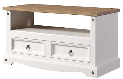 Corona TV Cabinet Stand, White Wax & Drawers, Up to 40 Television | Solid Pine Wood Construction | Rustic Waxed Finish | Dovetail Drawer Joints | Space for Hidden Cables | Black Metal Handles