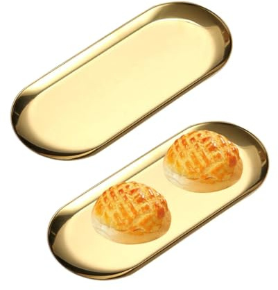 2 Pcs Gold Decorative Trays, Stainless Steel Oval Trinket Dishes; Small Rust Resistant Serving Trays for Jewellery, Candle, Key Storage for Bedroom Bathroom Coffee Table