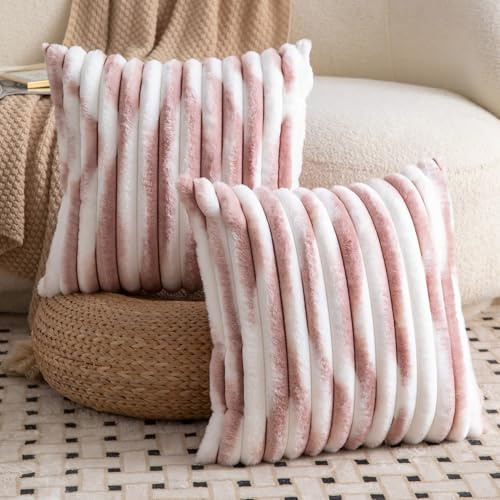 Madizz Lot de 2 Housses de Coussin en Peluche en Fausse Fourrure Housse de Coussin décorative Douce à Rayures moelleuses pour Coussin de Chambre à Coucher de canapé Rose Blanc 60 x 60 cm