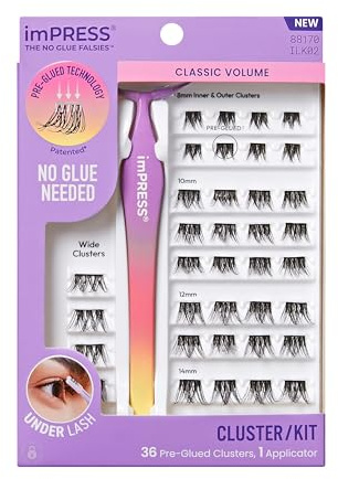 KISS imPRESS Falsies Press On Lashes Voluminous Selbstklebende Wimpern 1-Step, Glam Volume, Schwarz, Kein Kleber erforderlich, Wimpernverlängerung DIY, 20 Wimpernbüschel & Applikator