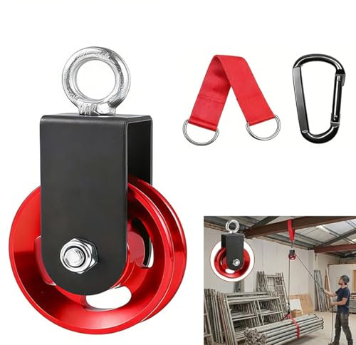Aluminium-Umlenkrolle 90 mm,mit 300 kg Tragkraft,360° drehbare,U-Halterung, Karabiner und Aufhängegurt – Für Heimfitnessgeräte, Latzug und Kabelzugmaschinen