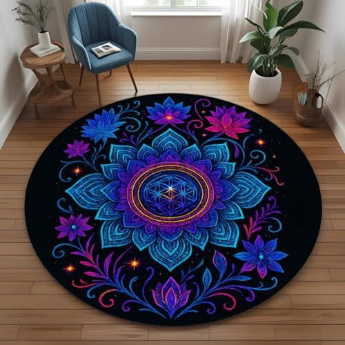 USHIRUG Runder Mandala Teppich,150cm Vintage Boho Stil, Lila, Blau und Mit Blumenmuster, Weich, rutschfest, Waschbar, Ideal für Mädchenzimmer, Wohnzimmer, Esszimmer, Couchtisch und Yogaraum