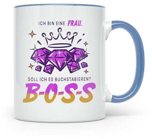 Boss Lady Tasse Chefin Geschenk für starke Frau lustiger Spruch 'Ich bin eine Frau B-O-S-S' Powerfrau Kaffeetasse Büro Feminismus (Blau)
