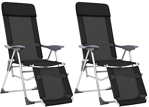 Mhdvray 2er Set Campingstühle Klappbar mit Fußteil Schwarz, Verstellbare Gartenliege aus Aluminium und Textilene für Camping und Angeln, 5-Fach verstellbare Rückenlehne, 58x78x114 cm