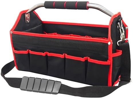 HAUTMEC 16 Pockets Wide Mouth Electrician Open Top Tool Tote Bag, 16 Inch One Shoulder Strap Heavy Duty Electrician Tool Carrier, with Center Tray, with Handle Tool Storage Bag, TB0002