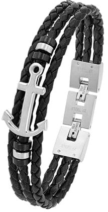 s.Oliver Armband für Herren Anker, Leder / Edelstahl, IP Schwarz, Länge: 20-21,5 cm