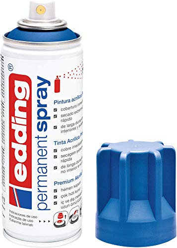 edding 5200 spray permanente - azul genciana - 200 ml - pintura acrílica para pintar y decorar vidrio, metal, madera, cerámica, plástico, lienzo - aerosol, spray acrílico, spray de pintura