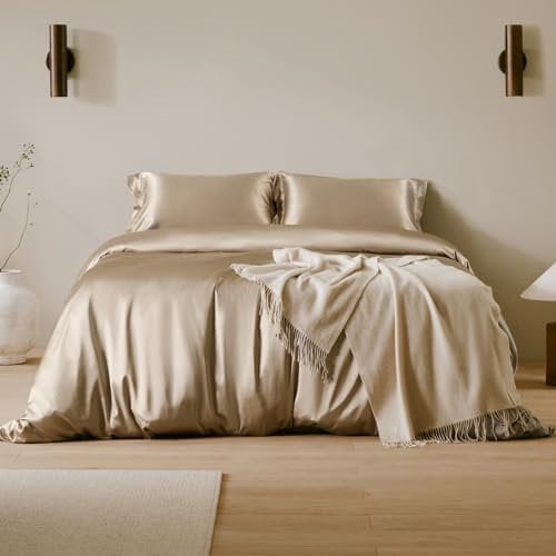 LilySilk 4 Pcs Double Luxury Silk Bedding Set - 1 Duvet Cover, 1 Fitted Sheet, 2 Pillowcases - 100% 19 Momme Mulberry Silk - Taupe