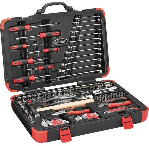 VIGOR Werkzeugkoffer V4425N, 93-tlg. Universal-Satz ∙ 1/4 & 1/2 Vierkantantrieb, Innen- und Außensechskant, PH, PZ, Schlitz, Kompakt für vielseitige Anwendungen