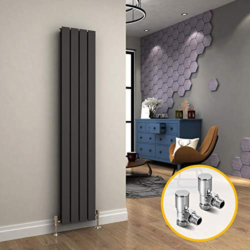 ELEGANT Modern Vertical Radiator Double Designer Heater Grey Tall Upright Radiators Wall Panel 1600 x 300 mm + Valves Chrome