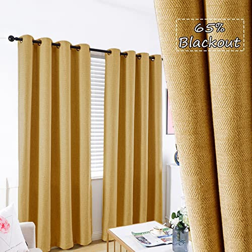 GRALI 84-inch Long Light Reducing Curtains, Window Decoration Linen Textured Draperies Grommet Drapes for Sliding Door, 52 Wide, 1 Pair, Mustard Yellow
