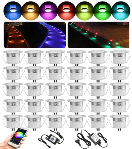30er Bluetooth RGBWW Led Bodeneinbauleuchten Aussen, Ø31mm Dimmbar Led Bodeneinbaustrahler Bodenspots Terrassen Einbaustrahler Außen, DC12V 0.5W IP67 Wasserdicht Terassenbeleuchtung (RGB + Warmweiß)