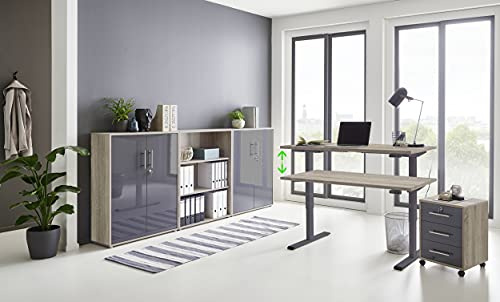 Büromöbel komplett Set mit elektrisch höhenverstellbaren Schreibtisch Arbeitszimmer e-Dition in Eiche Sonoma/Anthrazit Hochglanz lackiert/Gestell Anthrazit (Set 9)