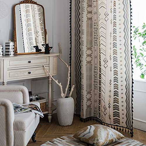 Xlabor Boho Vintage Gardinen mit Quaste Halbverdunkelungsvorhänge mit Ösen Baumwolle Leinen Dekoschal für Wohnzimmer Schlafzimmer 1er-Pack Motiv-B 150 x 260 cm