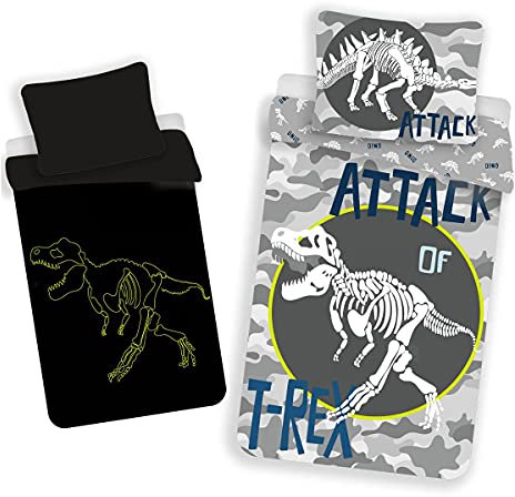 T-Rex Glow in the Dark Bettbezug für Einzelbett, Europäische Größe, Grau