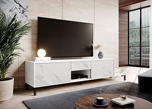 Fernsehschrank Marmo 2D1S1K 195 cm breit 1 Schublade 2 Klappen Unterschrank Lowboard Weiß matt Weißer Marmor
