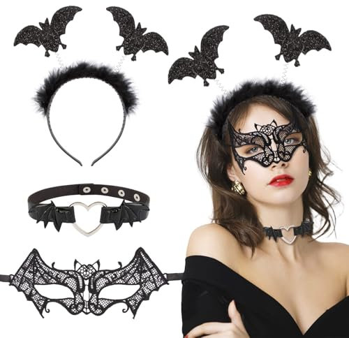 COLOFALLA Halloween Kostüm Zubehör Fledermaus Haarreif Maske Halsband Stirnband Augenmaske Kopfschmuck Party Zubehör Deko Accessoires Damen für Halloween Fasching Karneval (Schwarz)