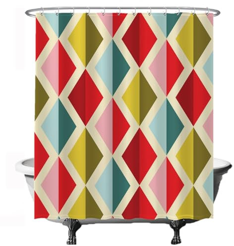 Ulticool Rideau de douche, motif de figurines de diamants multicolores, rétro, vintage, 180 x 200 cm, lavable, anti-moisissure, avec 12 anneaux, rouge, jaune, bleu